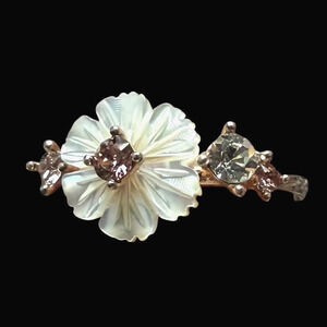 Rose Gold Over Sterling MOP Flower Ring Sz 8 Pink White Stones Gorgeous